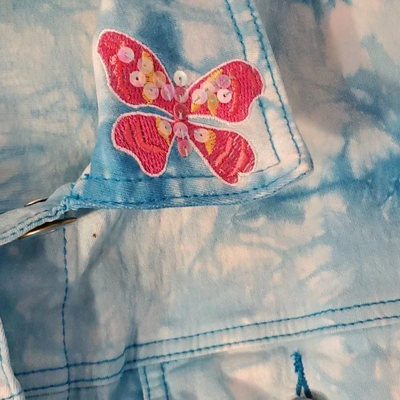 DG2 Diane Gilman Tie-dye Embellished Jean Jacket sz L - Picture 4 of 10